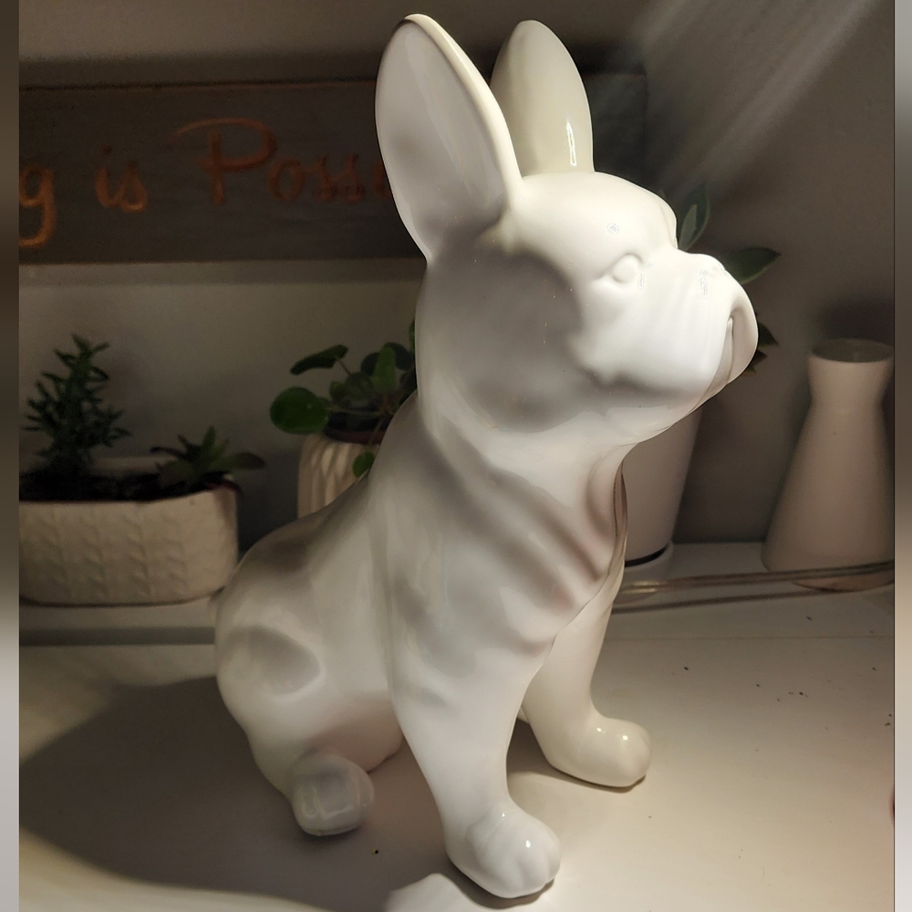French Bulldog Statue 1 ftFigurine Rabbit Ears White Ceramic Decor - Picture 3 of 4